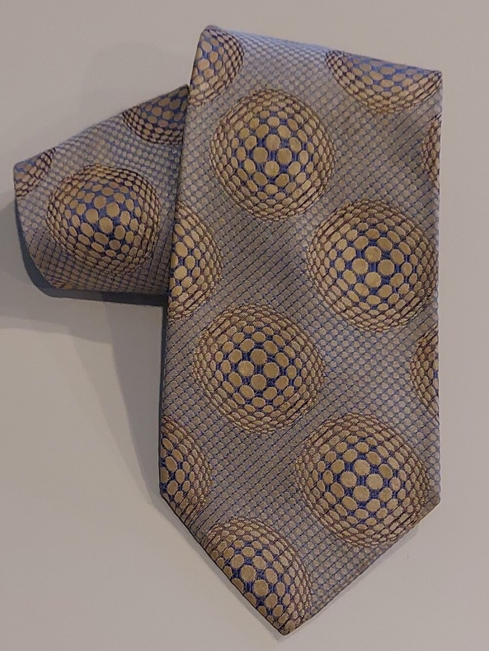 Vintage Hugo Boss Beige and Navy Geometric Silk Tie